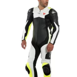 DAINESE ASSEN 2 1PC PERFORATED MOTORCYCLE LEATHER SUIT - BLACK/WHITE/FLUO-YELLOW